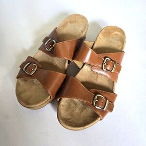 Dansko Leeann Wedge Sandals Tan Leather buckles slip on EU 39 US 8/8.5